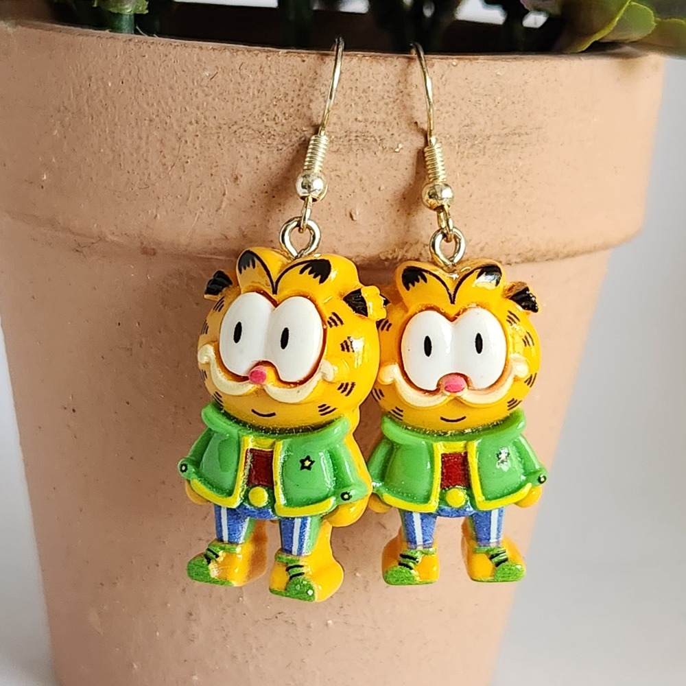 Cat Cartoon Character Drop Earrings Orange Green Silver Tone Handmade 1.5" NEW
